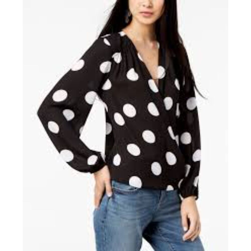 Inc Black White Polka Dot Long Sleeve Large L Women's